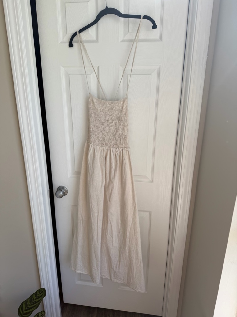 Smocked Spaghetti-Strap Maxi Dress in Cream